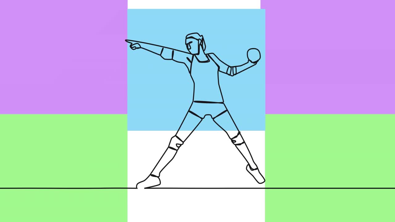 animación de dibujo de una jugadora de balonmano lanzando pelota y formas sobre fondo blanco