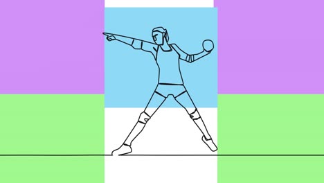 Animation-of-drawing-of-female-handball-player-throwing-ball-and-shapes-on-white-background