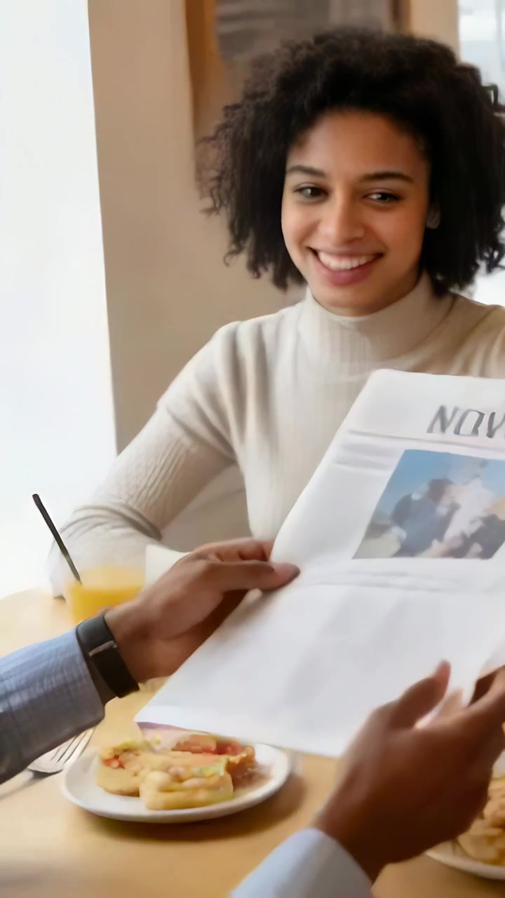 Vertical video: Reaching woman in turtleneck taking paper as man handing it at breakfast for news