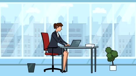 personaje de mujer de negocios de dibujos animados mal enojado lugar de trabajo plano cerca de la oficina de laptop animación