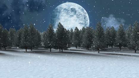 digital animation of snow falling on multiple trees on winter landscape against moon in night sky