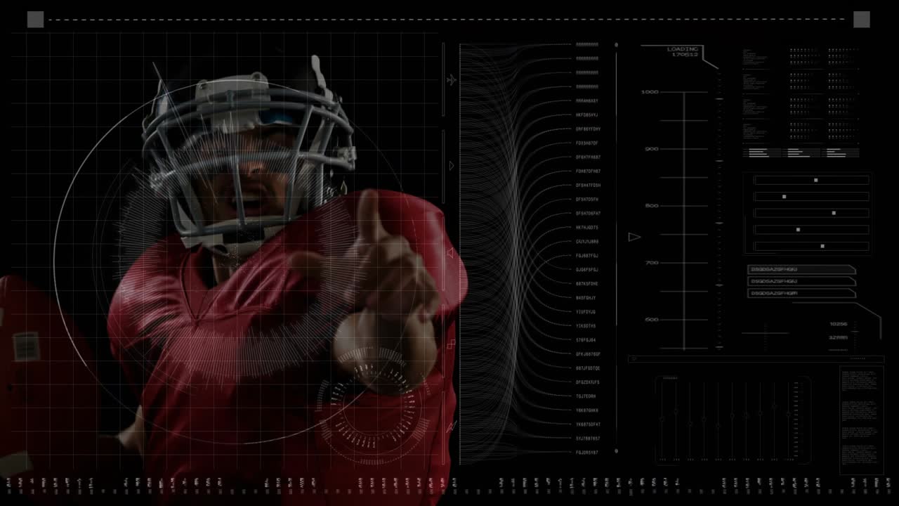 Jugador de fútbol americano respondiendo a datos HUD, flexionando el codo y lanzando el balón para análisis de tecnología deportiva