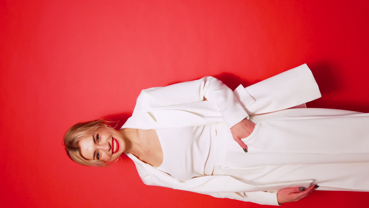 женщина в белом костюме на красном фоне