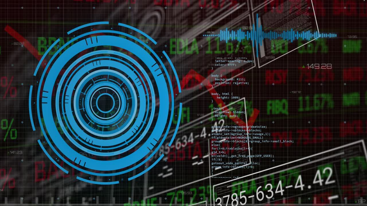 Animation of numbers, processing circle and financial data on digital screen