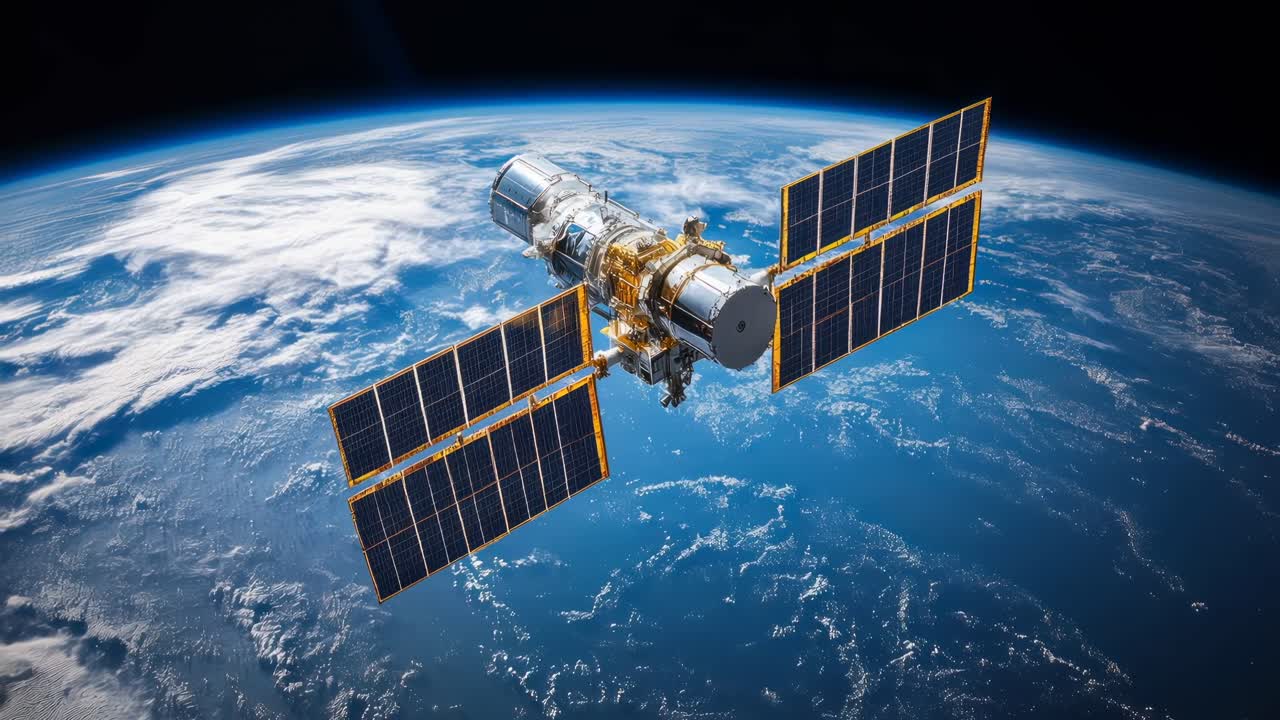 Satellit i kredsløb om Jorden, fanget fra en lav engel.