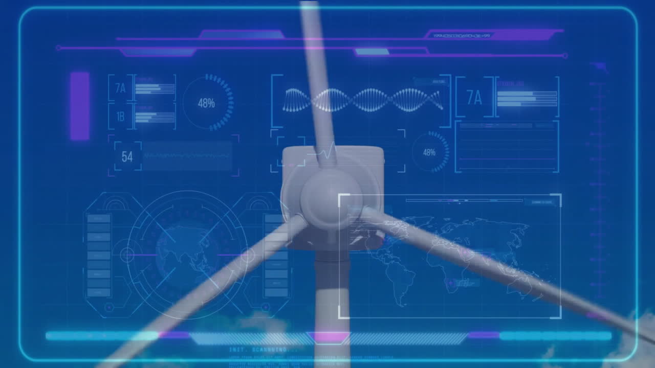 wind turbine hub spinning while holographic UI overlay displaying data bars and world map panel