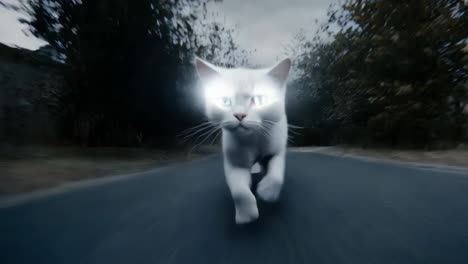 white cat with glowing eyes on a road