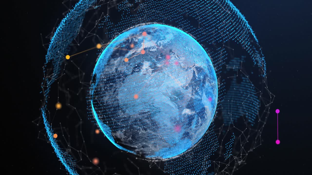 파란색 배경에 대한 전 세계 연결 네트워크의 애니메이션