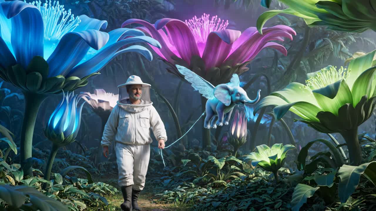 A beekeeper and a winged elephant in a surreal flower garden