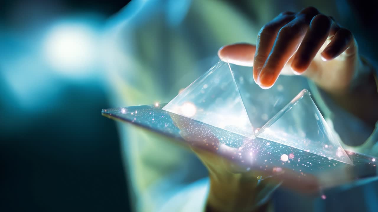A person carefully manipulating two crystal pyramids, showcasing the interplay of light and energy while exploring their aesthetic beauty and scientific properties in a captivating scene