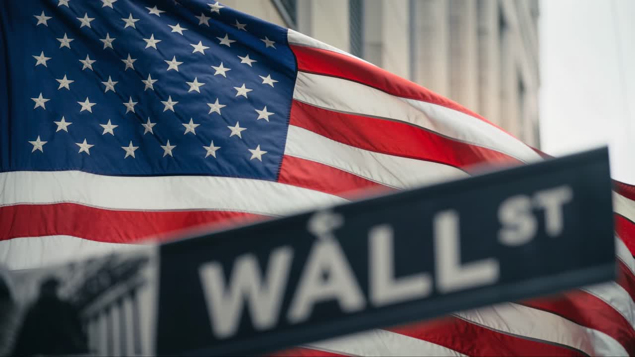 Wall Street Street Sign Close Up, NYC Financial District, US Flag Background