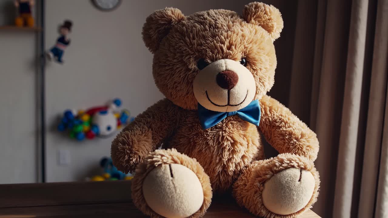 Una toma de video acogedora de un oso de peluche con una pajarita azul, capturada desde un ángulo bajo.
