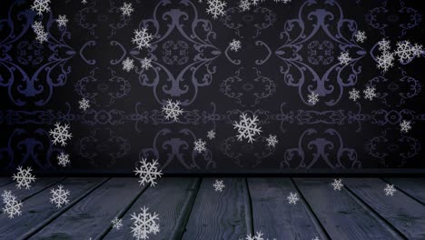 animation of christmas snowflakes falling over black wooden background