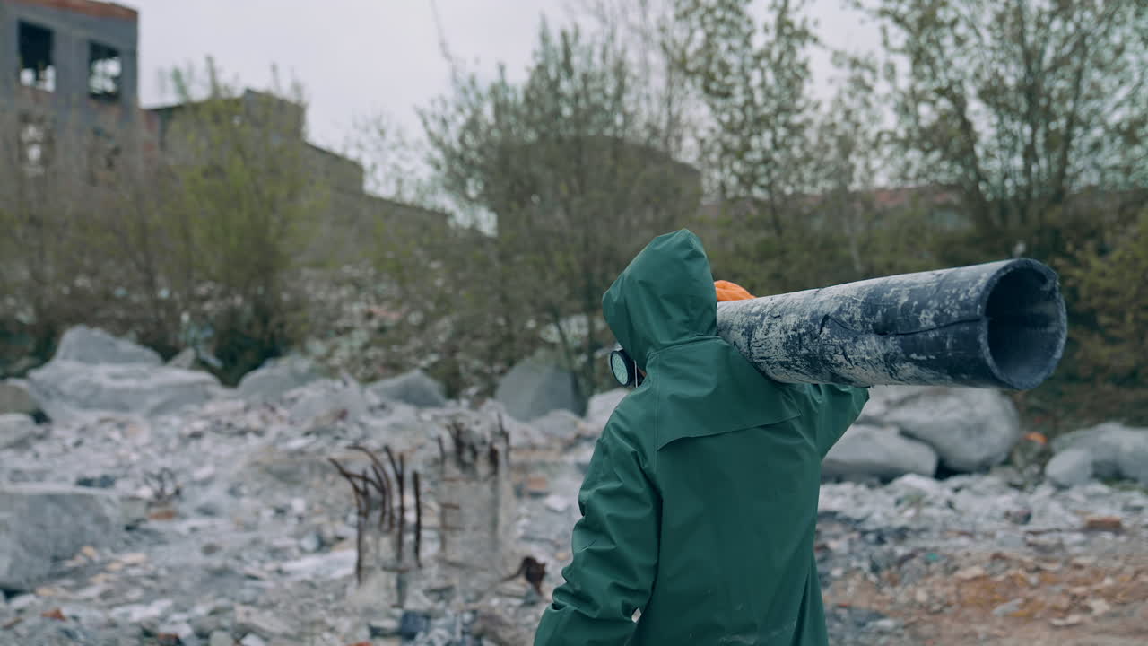 Man in safety suit walking in dangerous zone. Human in protective uniform and respirator is carrying pipe in the abandoned place with polluted air. Rear view.