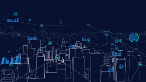 animación de la red de conexiones y procesamiento de datos sobre la ciudad sobre fondo negro