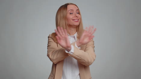 afraid business woman closing eyes with hand showing stop gesture confused shy scared to watch awful
