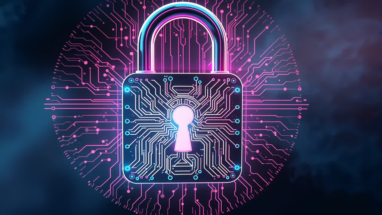 Emerging neon-lit digital padlock securing network in dark smoky background by pulsing circuitry