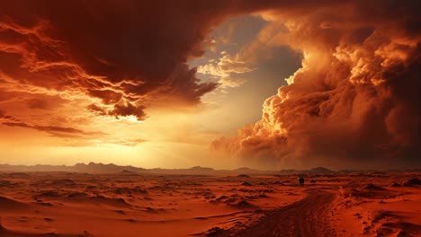 dramatic sunset over a desert landscape with approaching storm clouds