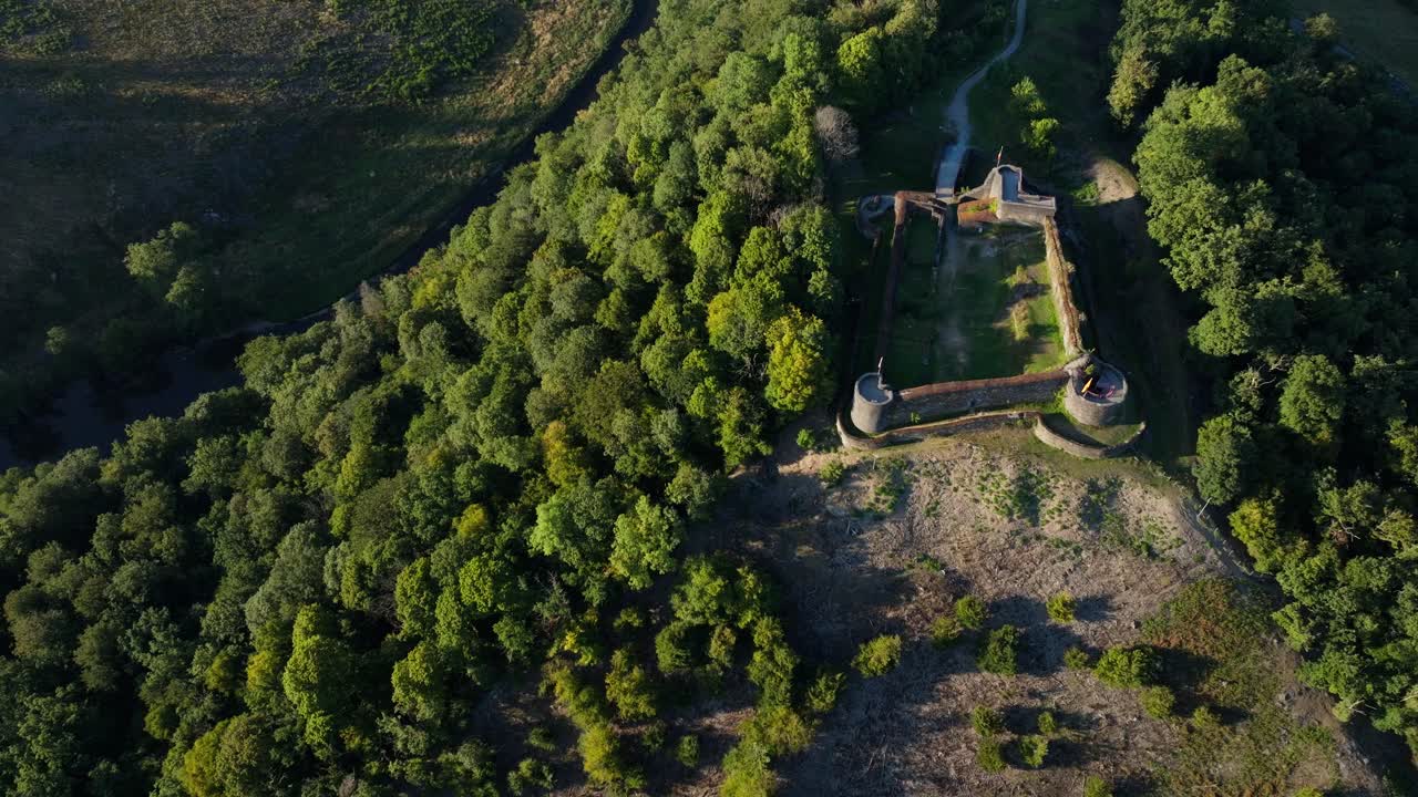 Aerial view of a castle ruins surrounded by forest
