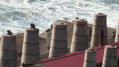 deactivated chimneys of the old cement factory, cabo mondego, next to the sea, image seen from the top of the mountain