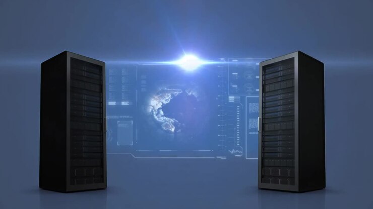 Animation of data processing globe spinning on screen between computer servers on blue background