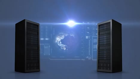 animación del globo de procesamiento de datos girando en la pantalla entre servidores de computadora sobre un fondo azul