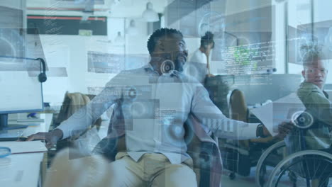 animation of data processing over diverse colleagues discussing work in office