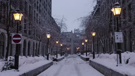 tranquil calm snowy alley in old montreal