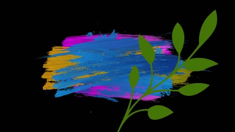 Animation-of-green-leaves-and-multicolored-paint-strokes-over-black-background