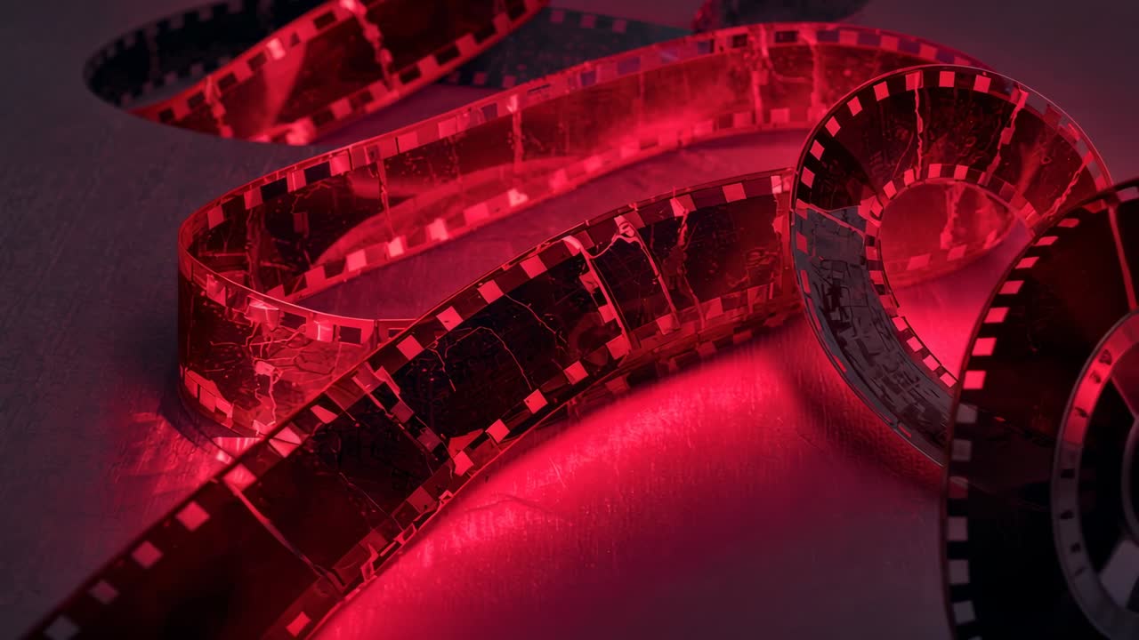 Opening shot focusing camera lens on film coil on tabletop with red light highlighting emulsion