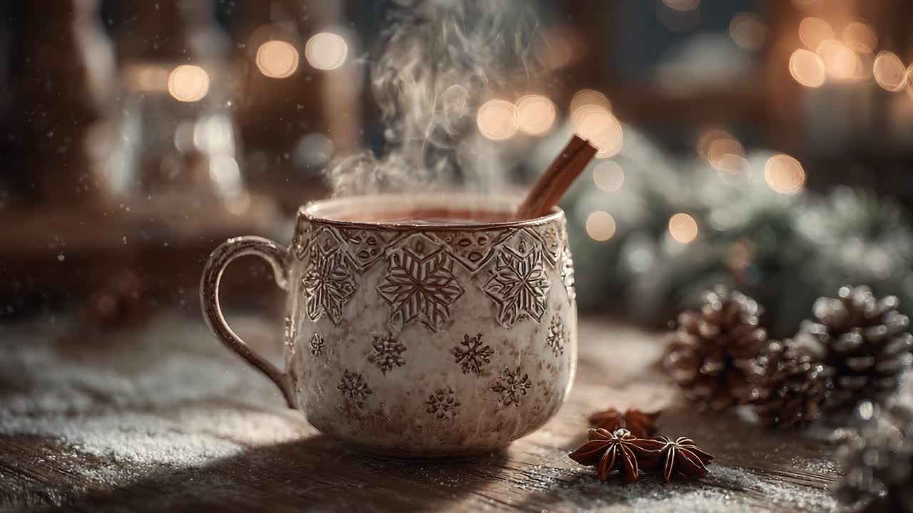 A Cozy Winter Scene Featuring a Beautifully Designed Mug Filled with Steaming Hot Beverage, Surrounded by Seasonal Decorations and Soft Bokeh Lights