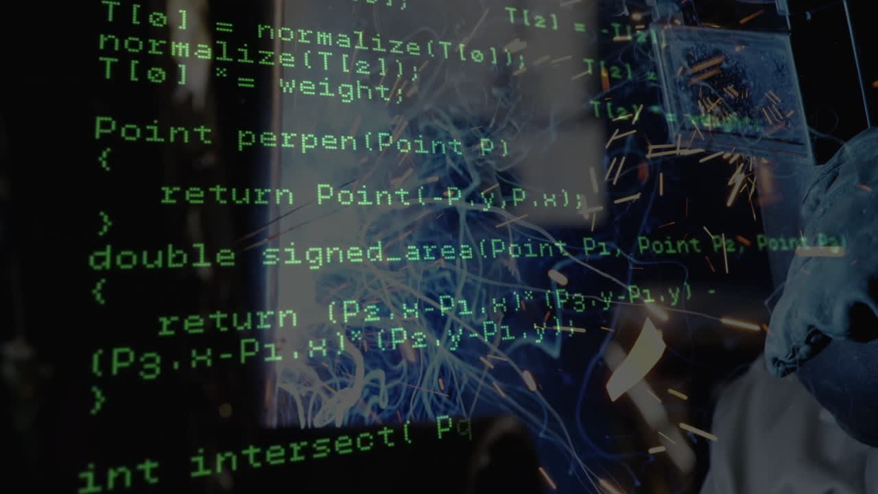 Female welder welding metal piece in industrial workshop, showing sparks with green code overlay