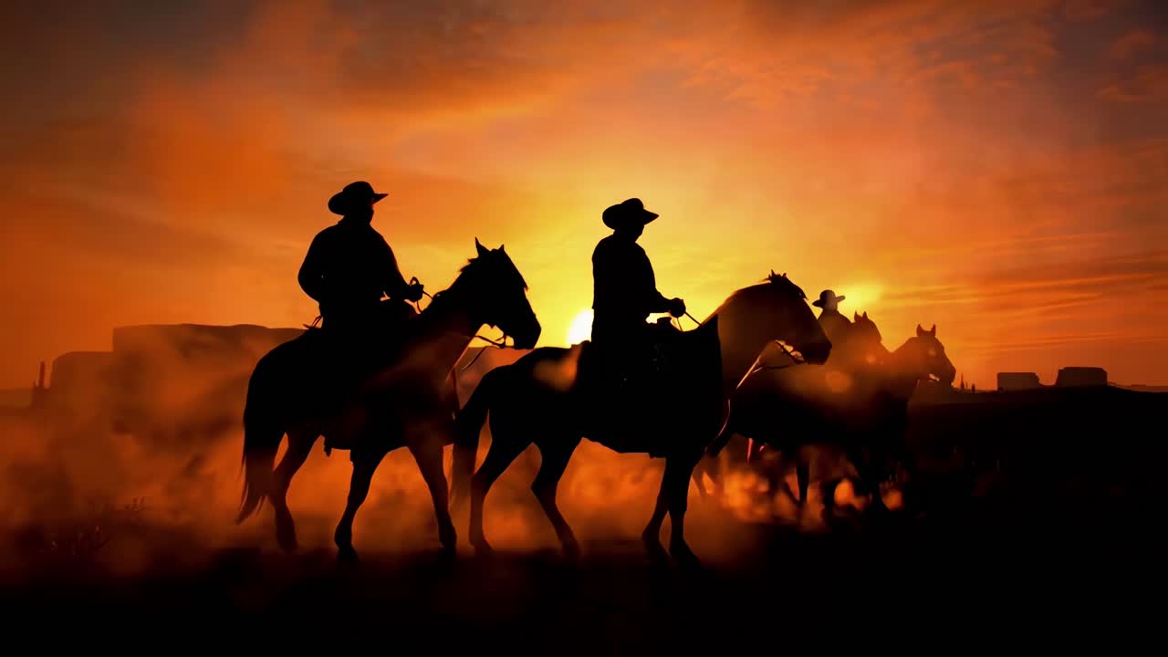 Cowboy in controluce a cavallo al tramonto, ripresa dal basso, stile video cinematografico