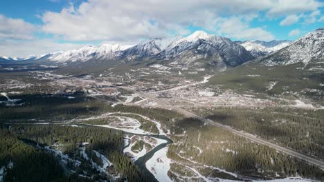 Canmore-River-Valley-and-Bow-River,-Aerial-Pan,-Alberta,-Canada