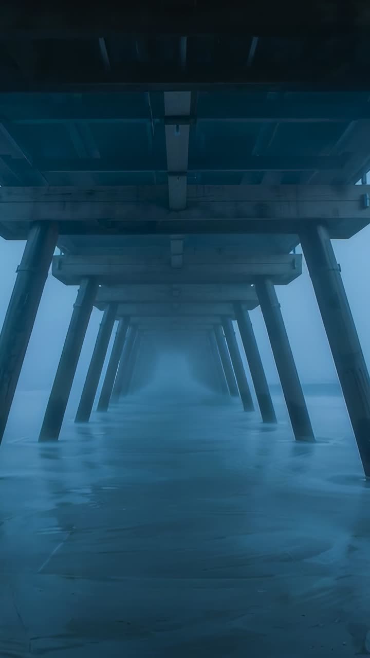 Vertical video: Pulling tide revealing pier underside, columns receding into fog, water smoothing