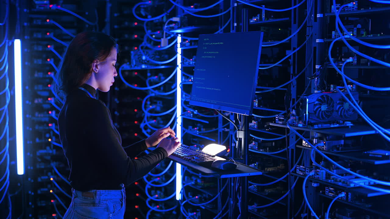 Woman programming in a server room