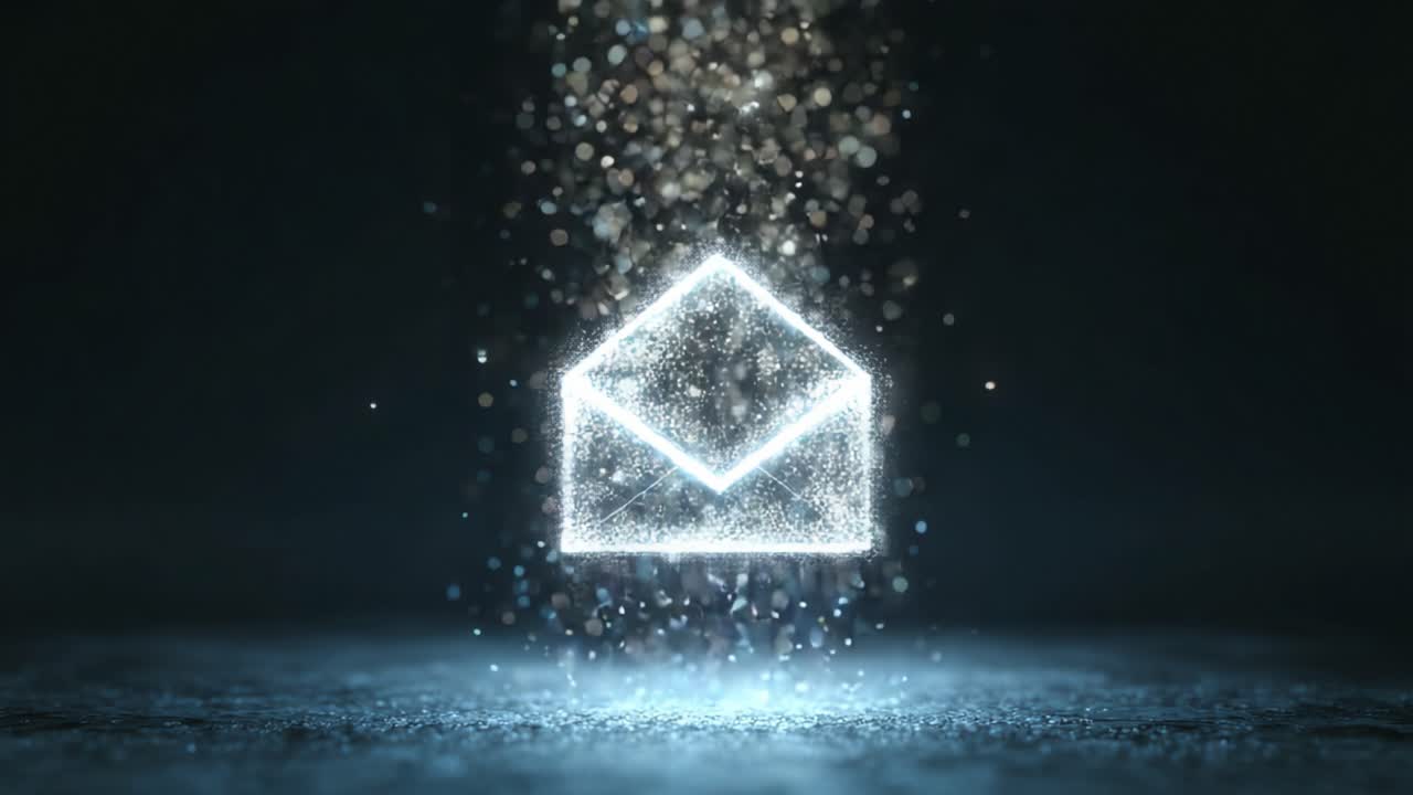 A Captivating Glimpse of a Glowing Email Symbol Surrounded by Sparkling Light Particles, Illustrating the Modern Concept of Digital Communication and Connection in a Dark Environment