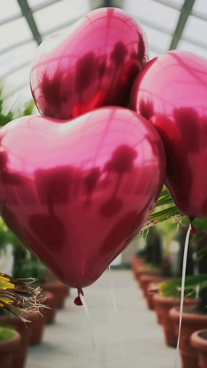 Video vertical: Cámara panorámica revelando globos rojos en forma de corazón en un invernadero, mostrando dos reflejos