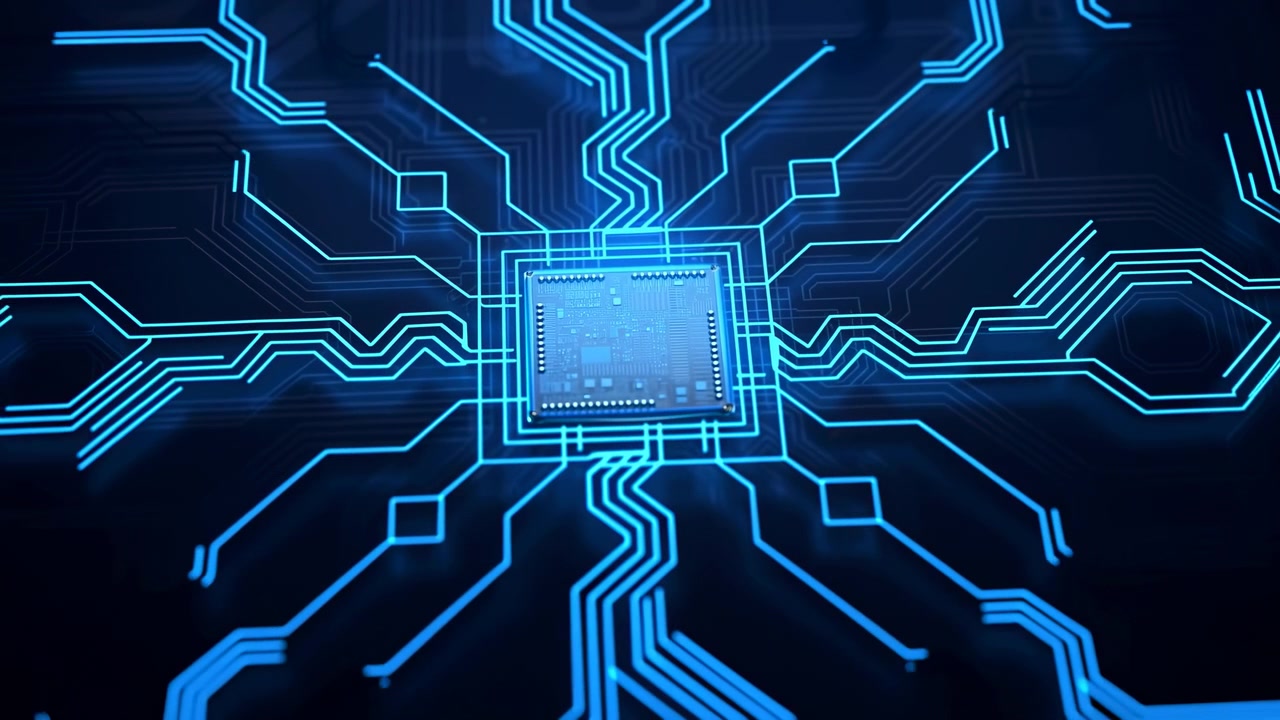 Close up of a rectangular microchip raised above a matte printed circuit board. Blue edge lighting highlights the chips metallic frame, solder pads, and tiny