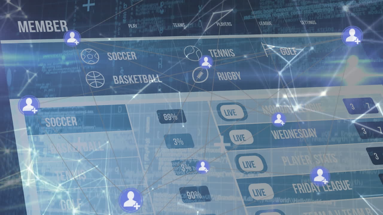 Animation of net of connections with people icons over a screen with website on