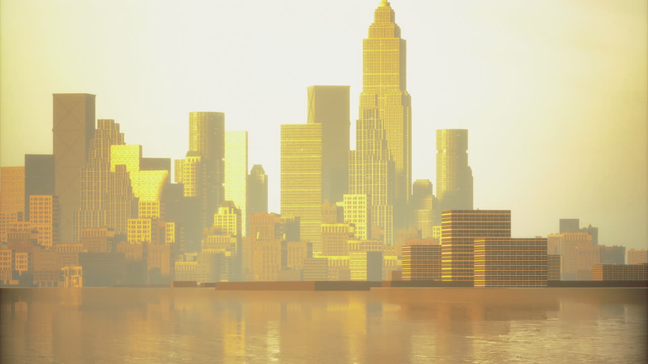 City skyline at sunset featuring golden buildings by the water