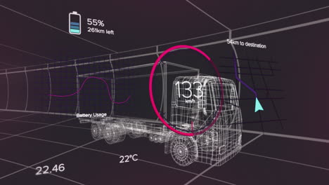animación de un modelo 3d de coche con interfaz digital y procesamiento de datos