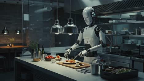 a futuristic kitchen scene featuring a sophisticated robot chef preparing a delicious meal with precision and care in a modern culinary environment