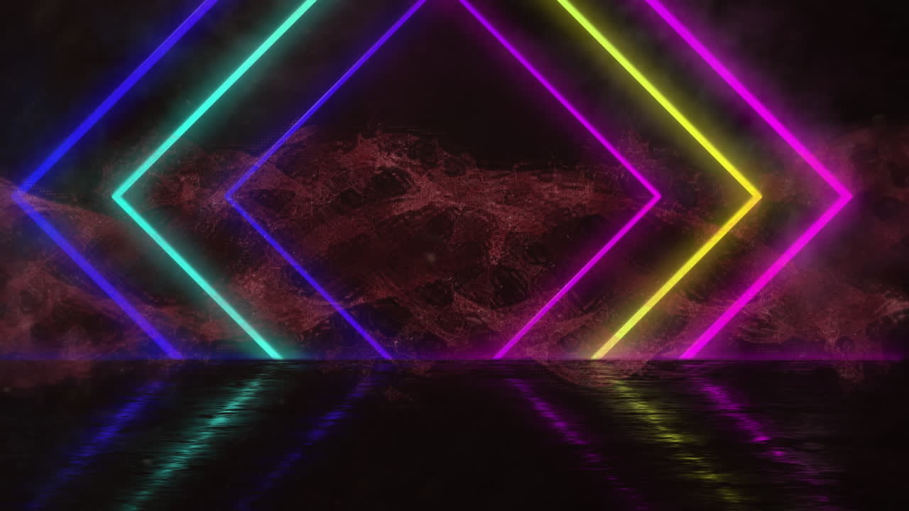 Animation of colourful neon diamonds moving over dark cloudy sky