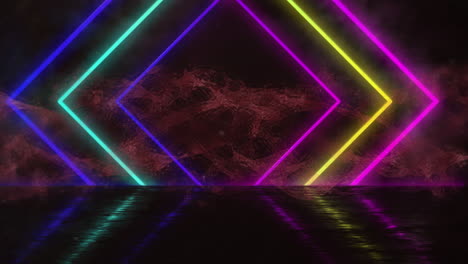 animation of colourful neon diamonds moving over dark cloudy sky