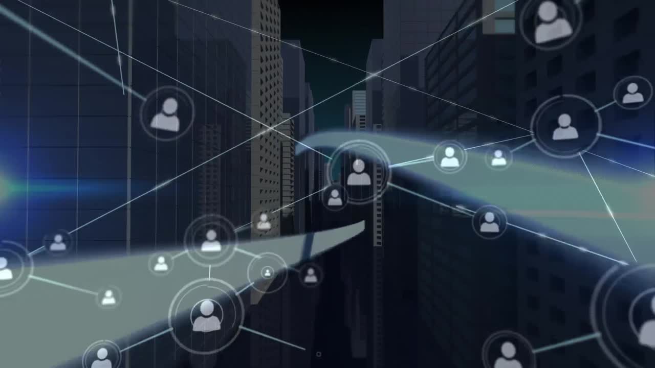 Animation of network of connections over cityscape