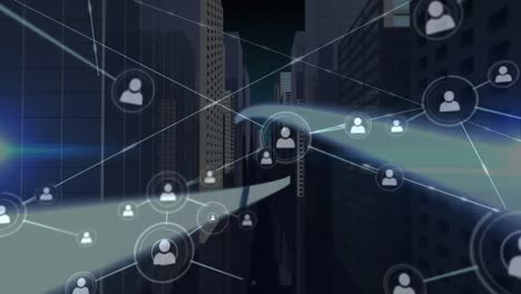 animation of network of connections over cityscape