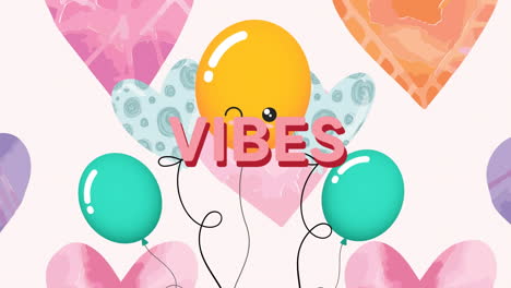 animación de la palabra vibraciones en rosa con globos sobre corazones en rosa pálido