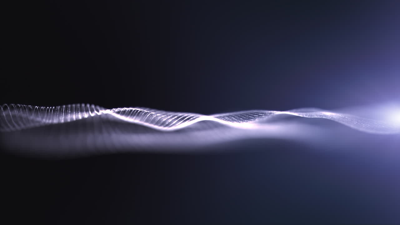 추상적인 입자 파동은 사이버 공간에서 역동적으로 흐르며, 이 첨단 그래픽에서 초점을 맞추지 않는 첨단 기술 배경을 형성합니다.