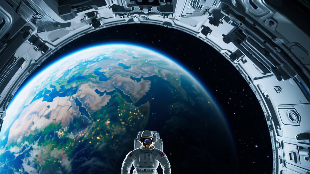 Astronauta in tuta spaziale che osserva la Terra dalla navicella spaziale